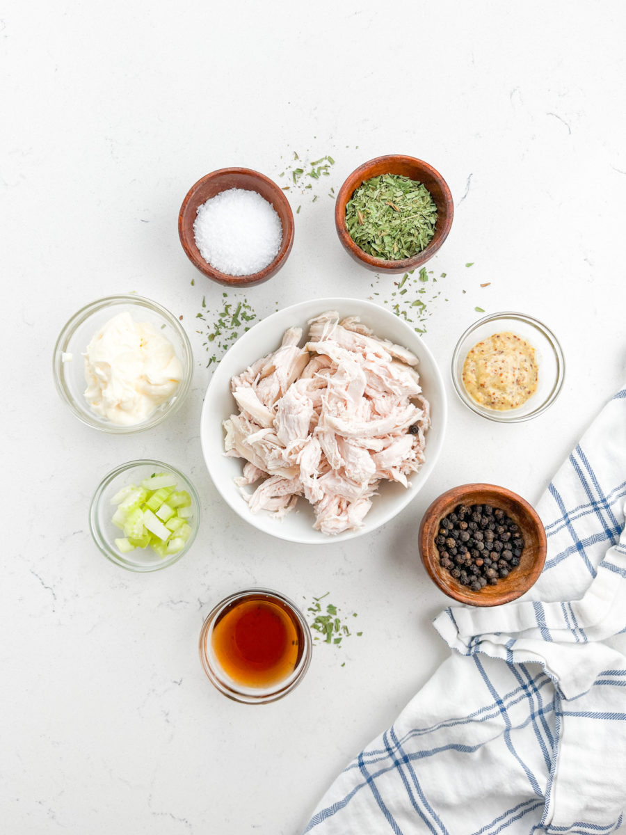 Tarragon chicken salad on a white background. 